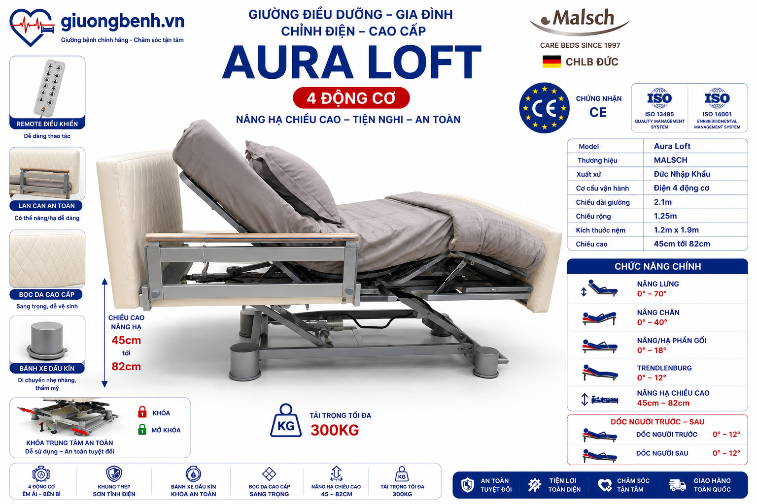 Giường điều dưỡng cao cấp AURA LOFT rộng 1.2m MALSCH Đức