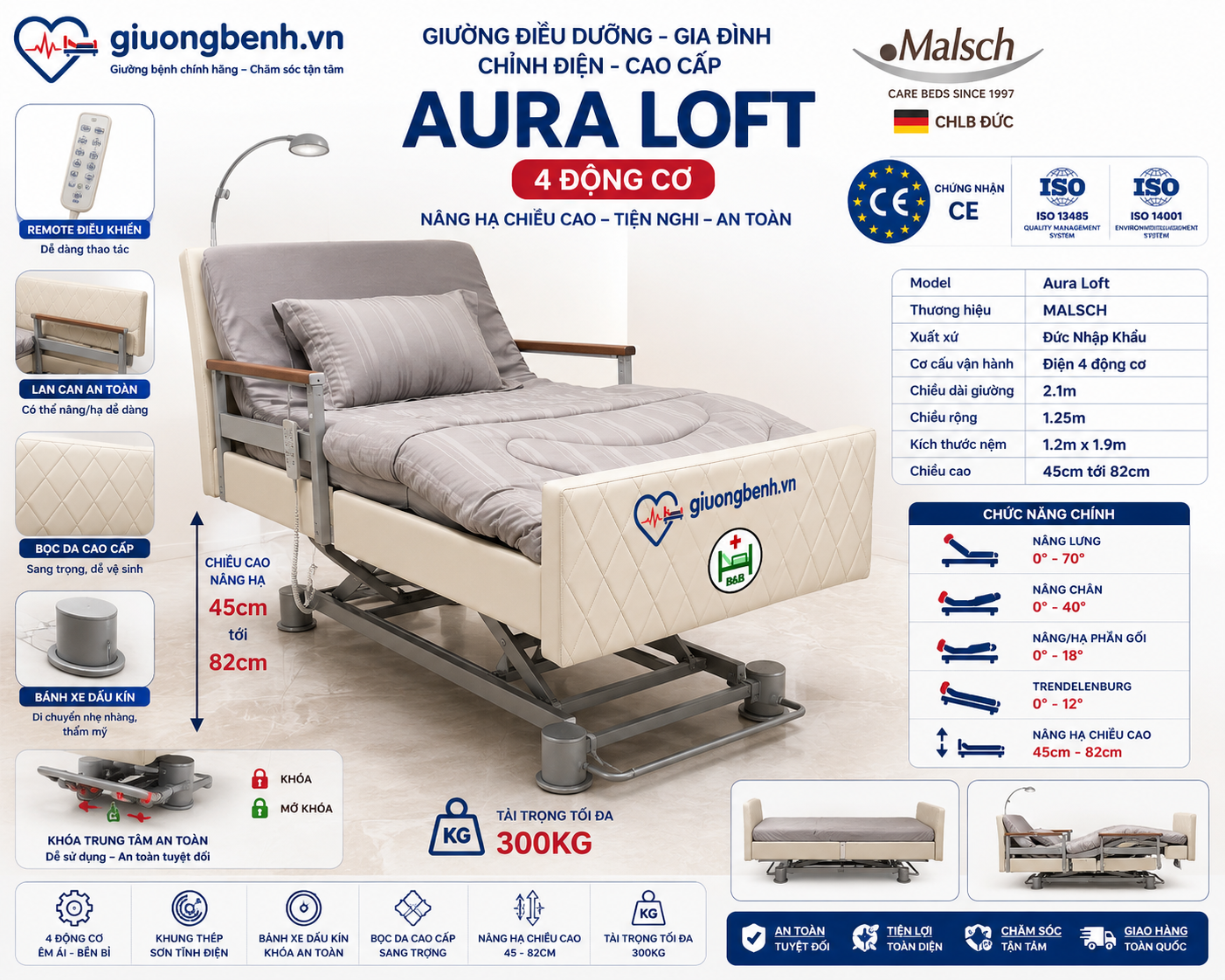 Giường điều dưỡng cao cấp AURA LOFT rộng 1.2m