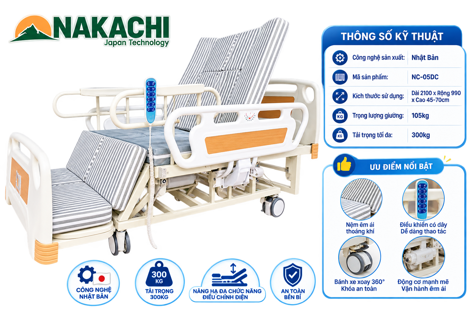 Giường bệnh cao cấp nâng hạ chiều cao NAKACHI NC-05DC