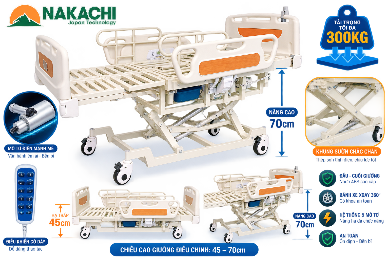 Giường y tế NAKACHI NC-05DC nâng hạ chiều cao