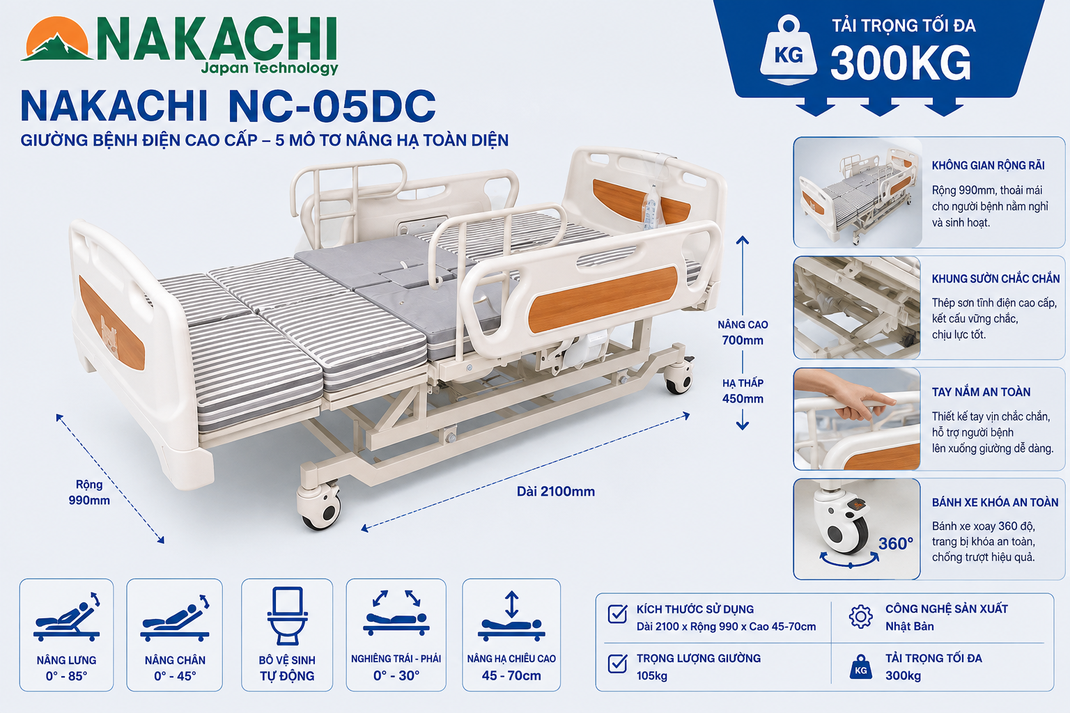 Giường bệnh NAKACHI NC-05DC tải trọng 300kg