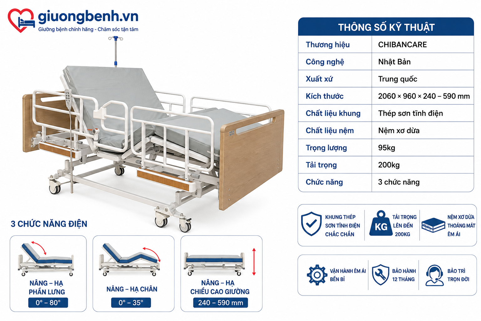Giường Y Tế 3 Chức Năng ĐiệnChibancare CN-E03G03