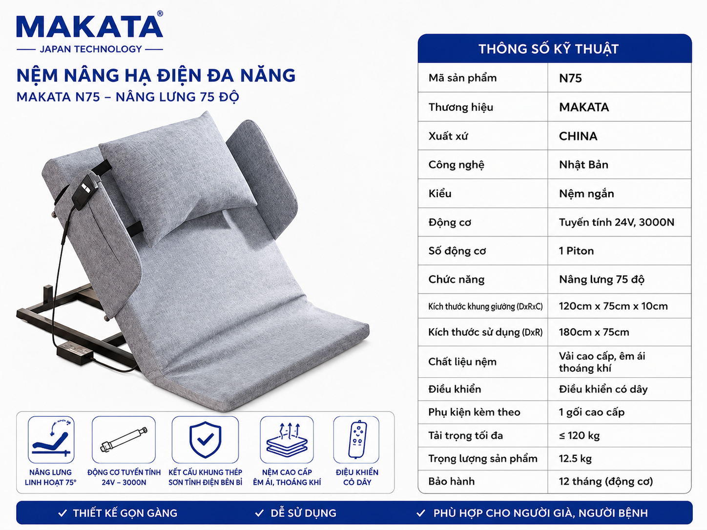 Nệm nâng hạ bằng điện loại ngắn MAKATA NN75