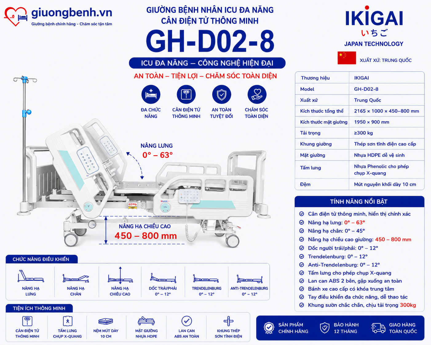 Giường Ikigai GH-D02-8 nâng hạ chiều cao 480–800 mm
