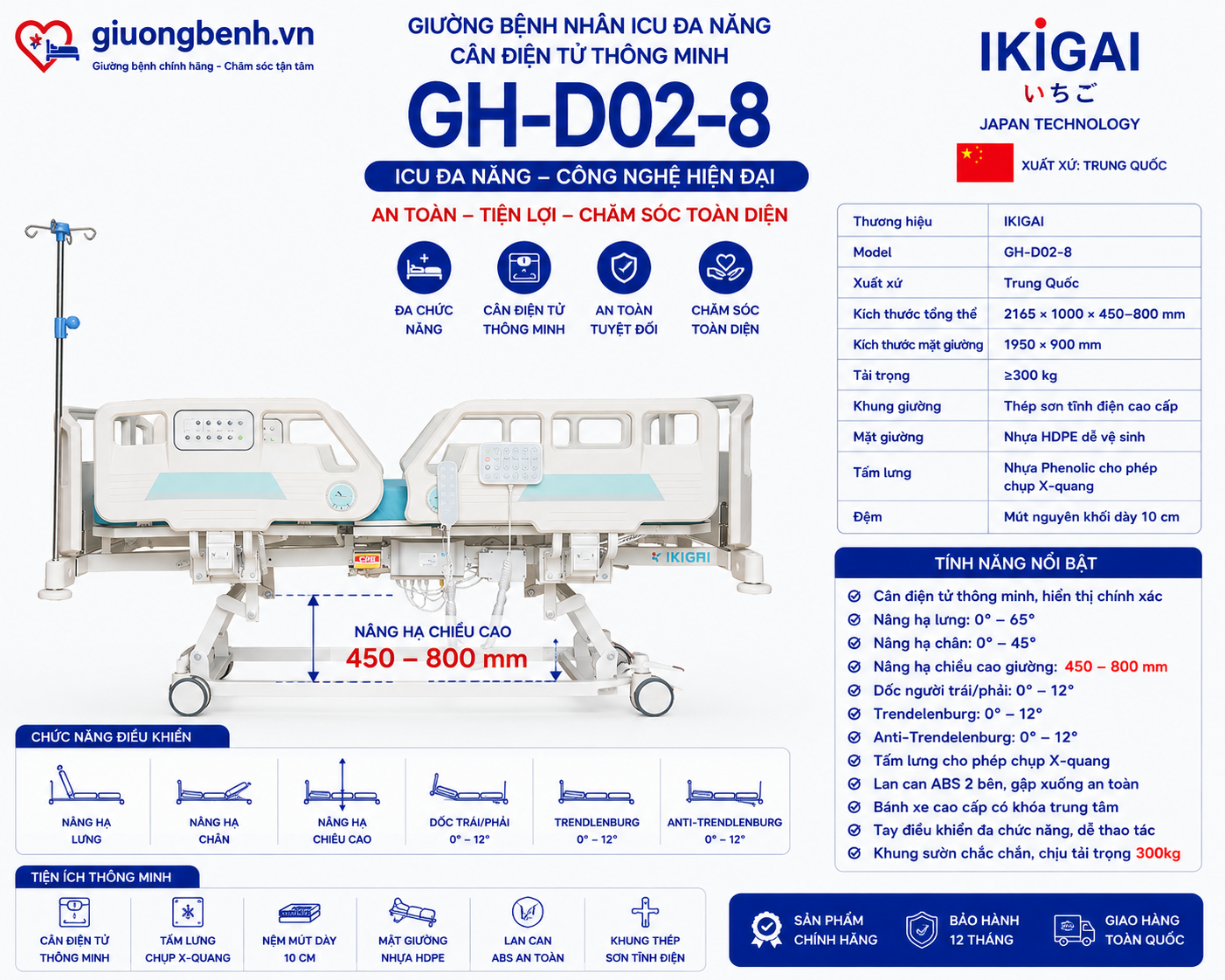 Giường y tế điện ICU Ikigai GH-D02-8 tích hợp chụp X-quang