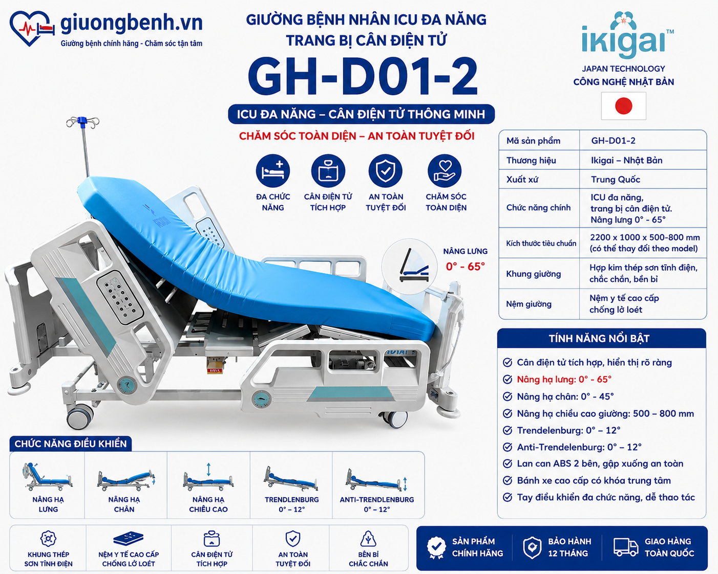 Giường ICU Ikigai GH-D01-2 nâng hạ chiều cao 52–82cm