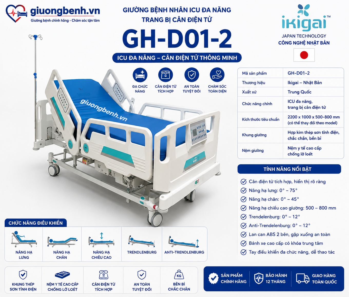 Giường Y Tế ICU Điện Đa Chức Năng Tích Hợp Cân Ikigai GH-D01-2
